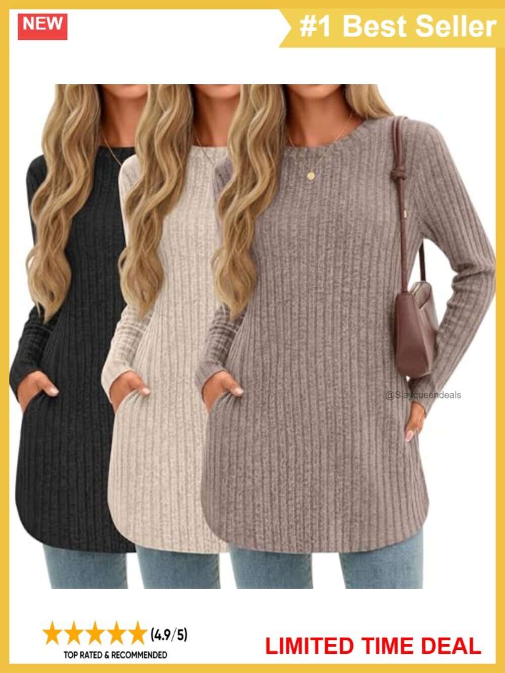 3 Pack Women's Long Sleeve Ribbed Tunic Sweaters with Pockets